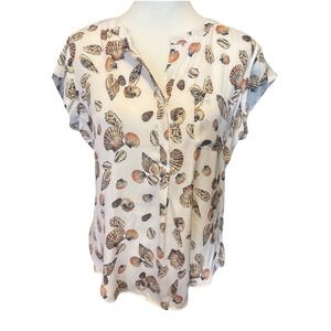 Liz Claiborne Womens Shell Print V Neck Cap Sleeve Blouse Top Medium